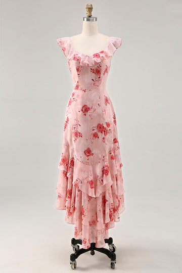 Pink Flower Printed A Line Ruffled Long Bridesmaid Dress